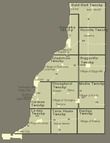 Map showing townships in Henderson County Illinois with major roadways marked